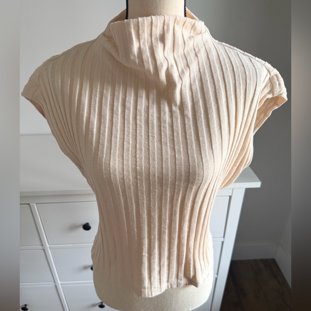Women's Cream Ribbed Cowl Neck Top